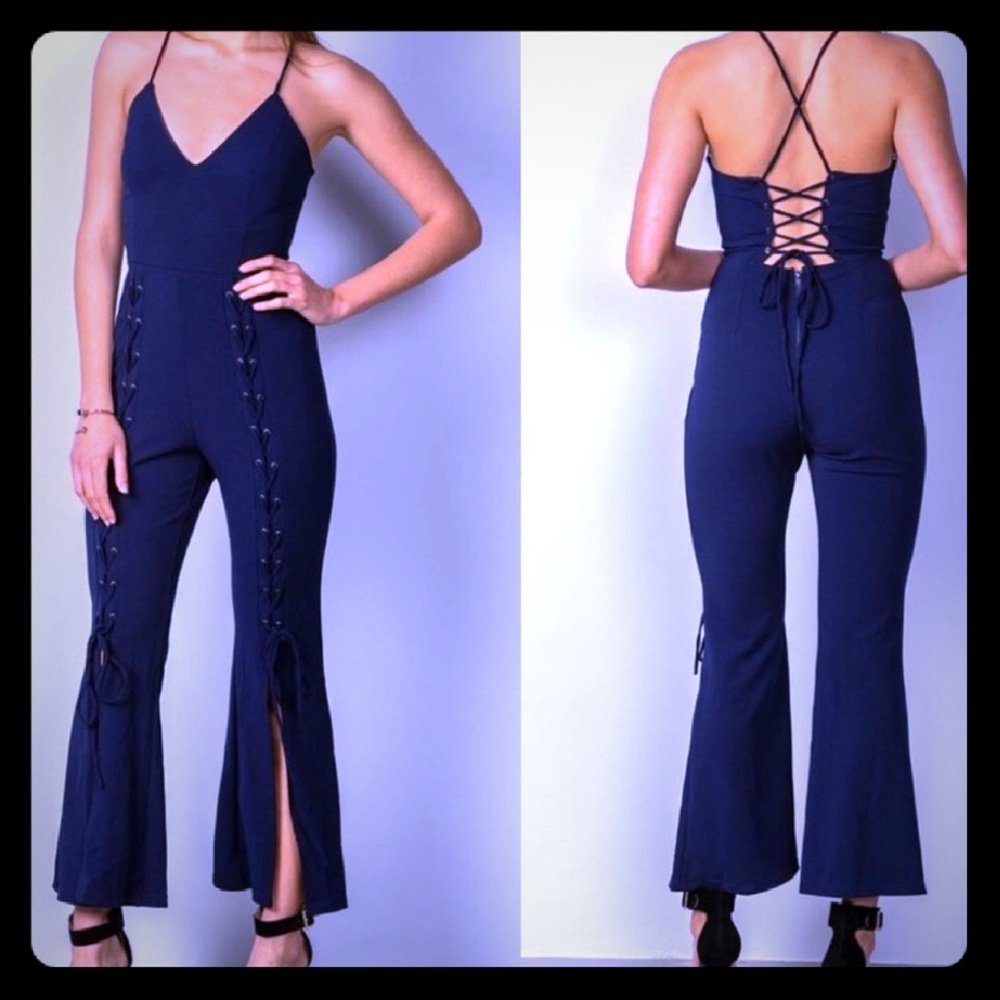 Corset Back Split Leg Navy Jumper - Picture 1 of 7